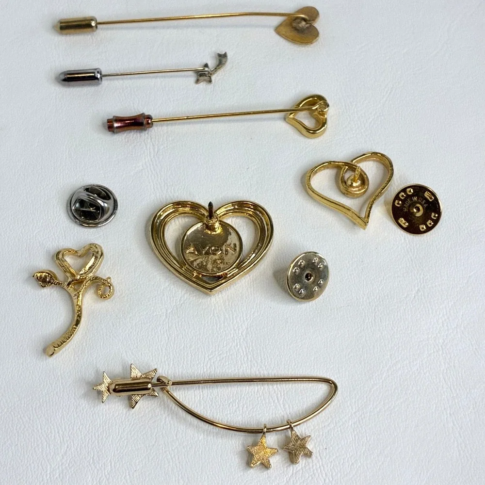 Vintage Pin Lot Avon Heart World Star Stick Pins Gold Tone Jewelry 7 Pieces